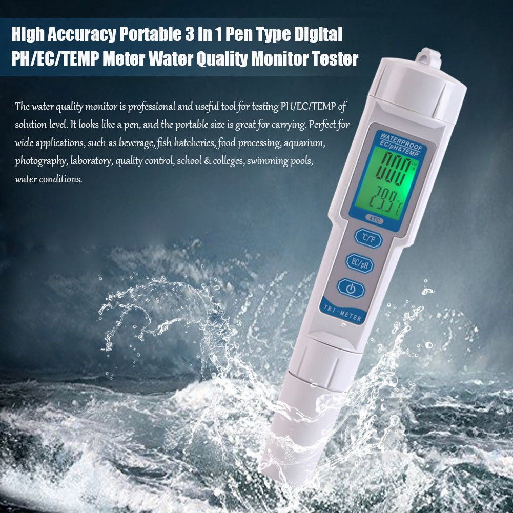 Professional 3in1 Pen Type Digital PH/EC/TEMP Meter Water Quality Monitor Tester