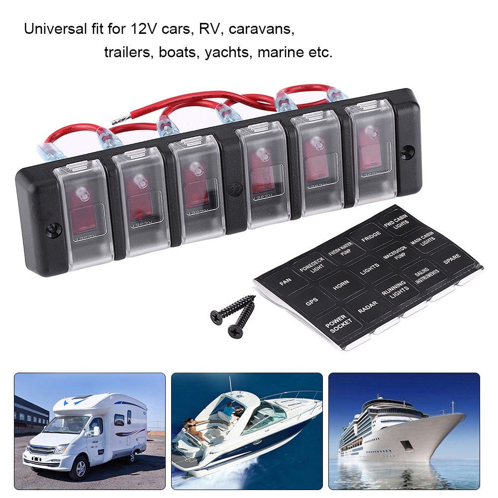 Waterproof 6 Gang Red LED Car Marine Boat Rocker Switch Panel Circuit Breakers