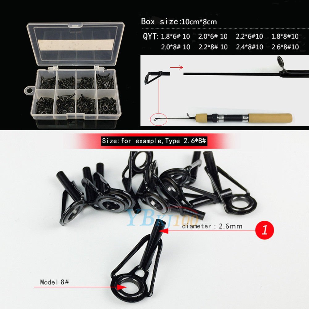 80pcs 8 Size Fishing Rod Guide Tip Top Repair Part Fish Pole Eye Ring