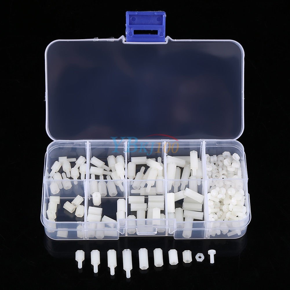 200pc M2.5 Nylon White Male Female Standoff Spacers Bolts Nuts Assorted Fastener