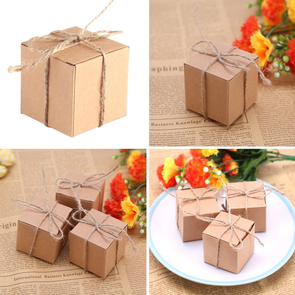 50X Brown Kraft Paper Square Wedding Favor Candy Chocolate Gift Party Supply Box