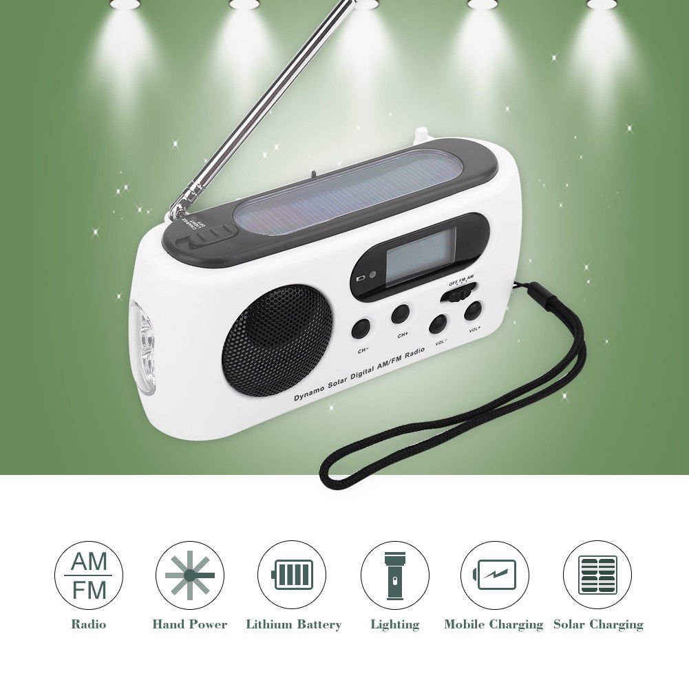 Multifunction Solar Powered LED Flashlight FM/AM Radio Emergency Phone Charger