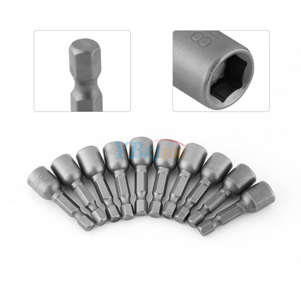 10Pc Set Impact Metric Hex Socket Magnetic Nut Driver Drill Bits 1/4" Shank 42mm