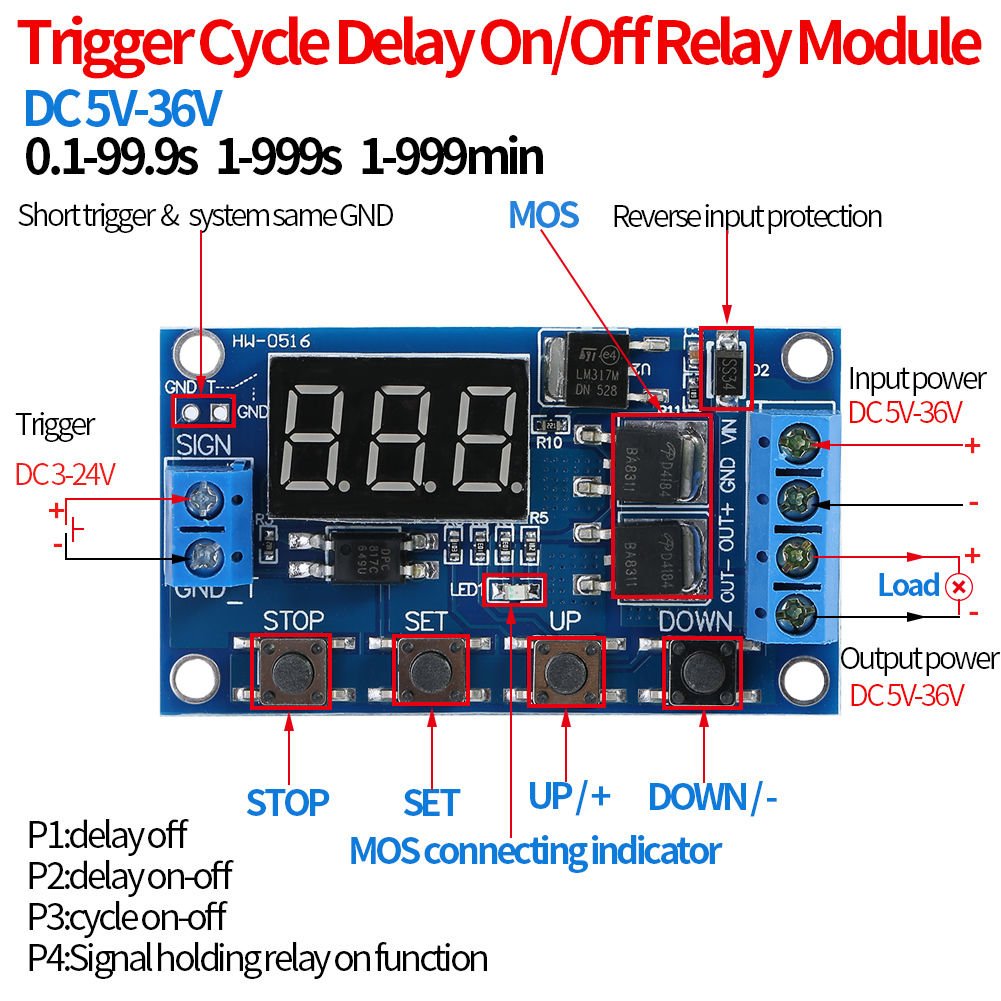 DC5-36V LED Cycle Delay Timer Dual-MOS Relay Switch Turn On/Off Module 0s-999min