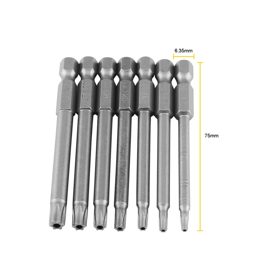 7pcs 75mm 1/4" Hex Torx Magnetic Screwdriver Bits Drill Bit T8-T30 S2 Alloy NEW