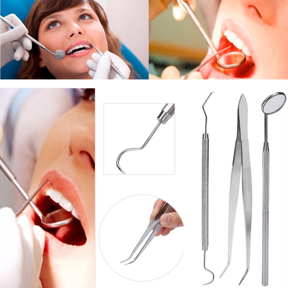 3pcs Stainless Steel Dental Set Mouth Mirror Probe Plier Tweezer Teeth Clean Kit