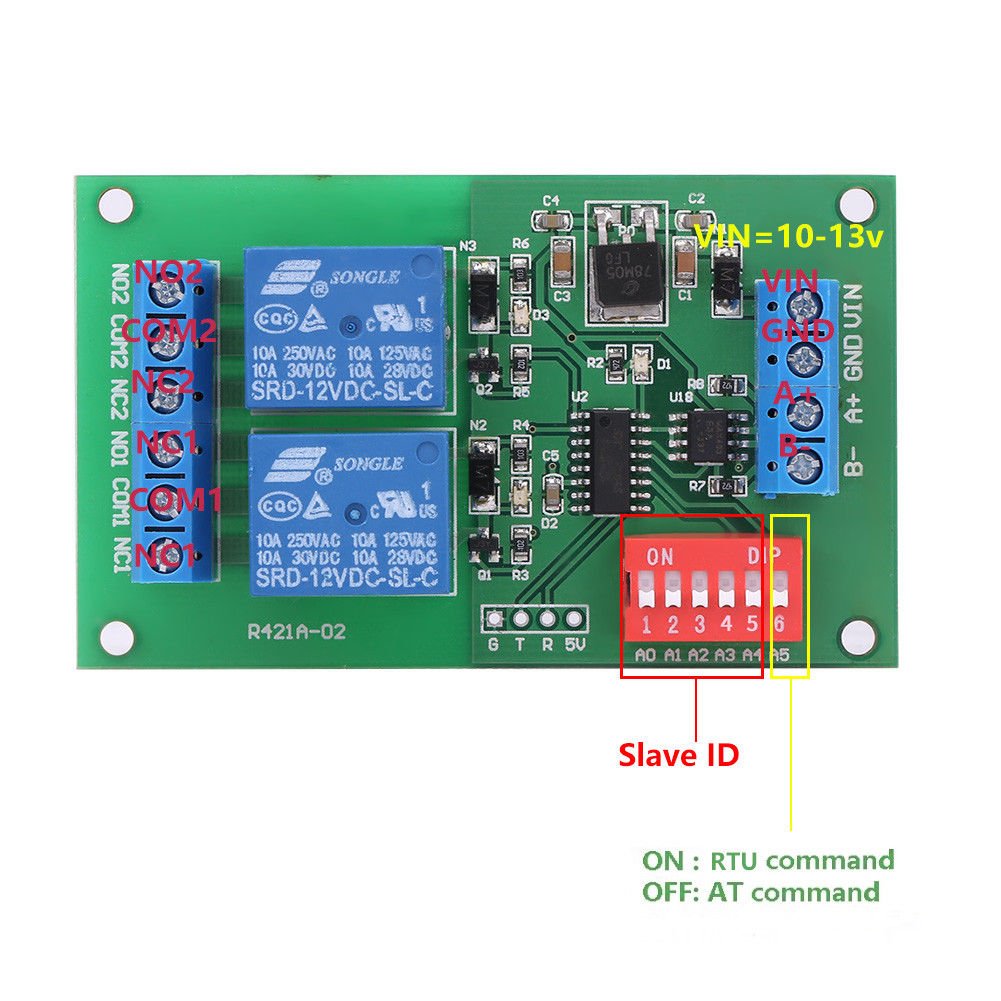 12V RTU & AT Command 2 CH RS485 Relay PLC Controller UART Serial Port Switch coi