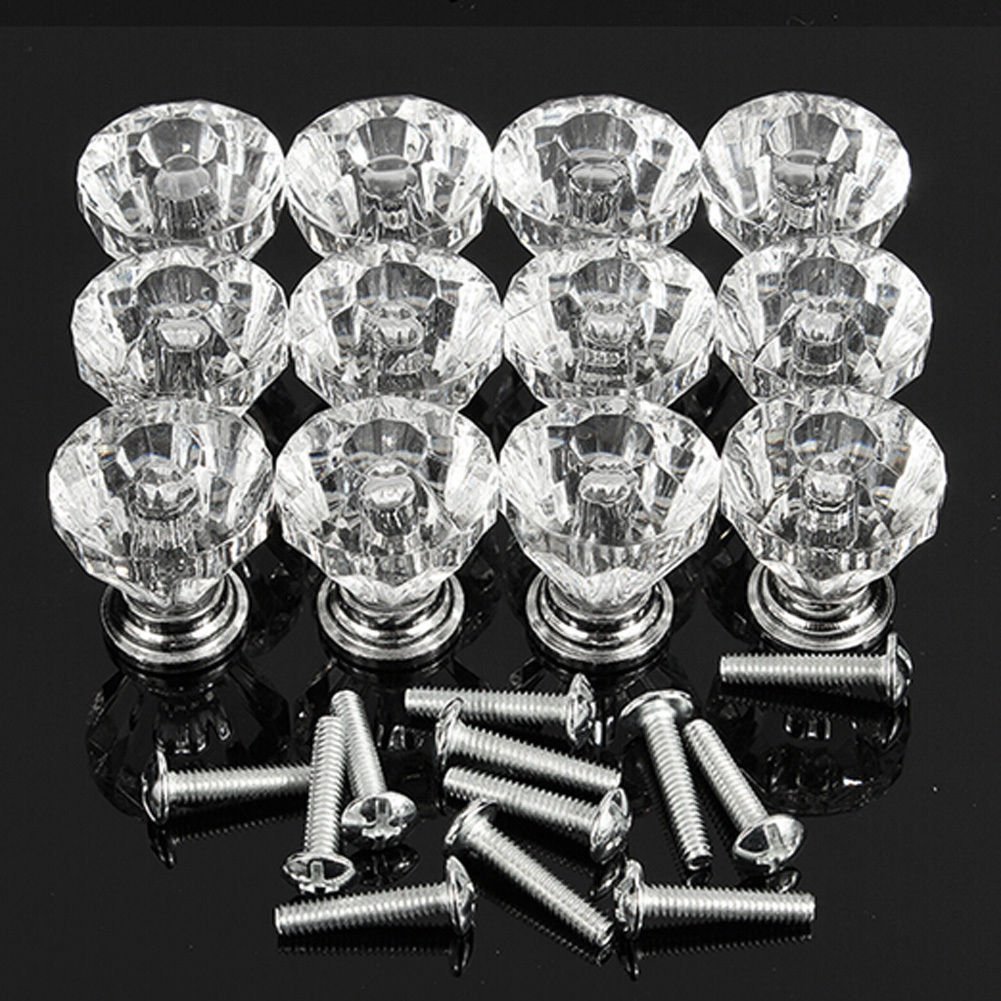 12pcs 25mm Diamond Shape Crystal Glass Cabinet Knob Cupboard Drawer Pull Handle