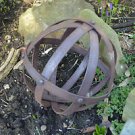 UNUSUAL SMALL DECORATIVE WROUGHT IRON SPHERE RIVETED IRON BALL RUSTY SCULPTURE