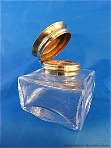 REPLACEMENT WRITING SLOPE BOX INKWELL GLASS WITH BRASS HINGED LID LARGE SIZE
