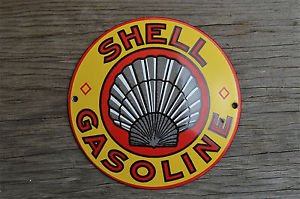 Superb heavy quality enamel advertising sign Shell gasoline round wall plaque