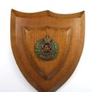 Antique oak shield wall plaque with brass Royal Engineers emblem crest arms 1