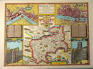 OLD COPY OF JOHN SPEED MAP OF MIDDLESEX WESTMISTER LONDON TOWN PLAN RIVER THAMES