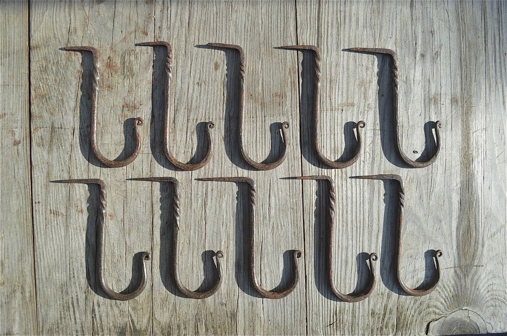 Set of 10 large twisted wrought iron medieval hanging hooks dresser hook MM3