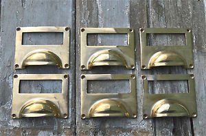 SET OF 6 LARGE SOLID BRASS ANTIQUE STYLE FILING CABINET HANDLE DRAWER LABEL CR5