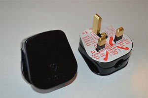 PAIR RETRO STYLE 13 AMP BLACK 3 PIN ELECTRICAL PLUG FUSE FITTED LAMP LIGHT CB23