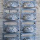 A SET OF 8 LARGE EDWARDIAN CAST IRON LABEL FRAME HANDLE FILING DRAWER PULL CB10