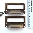 A pair of vintage aged brass filing cabinet label holder drawer pull handle FD2