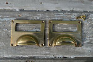 PAIR OF LARGE SOLID BRASS ANTIQUE STYLE FILING CABINET HANDLE DRAWER LABEL CR5