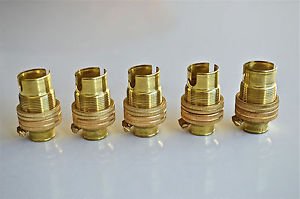 5 BRASS SMALL BAYONET FITTING B15 BULB HOLDER LAMP C/W SHADE RING 1/2 INCH R2