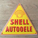 SUPERB VINTAGE TRIANGULAR SHELL AUTOOELE ENAMEL METAL SIGN PLAQUE