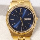 Vintage Citizen CQ Presidental Men's Day Date Quartz Watch Gold Tone Blue Dial