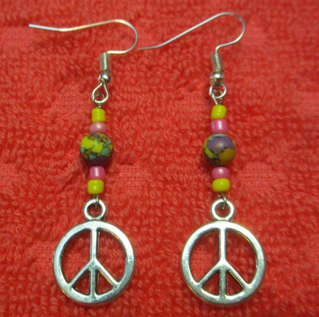 PEACE SIGN EARRINGS - Small Size .56" w Bubble Gum Beads - Cute Hippie Jewelry