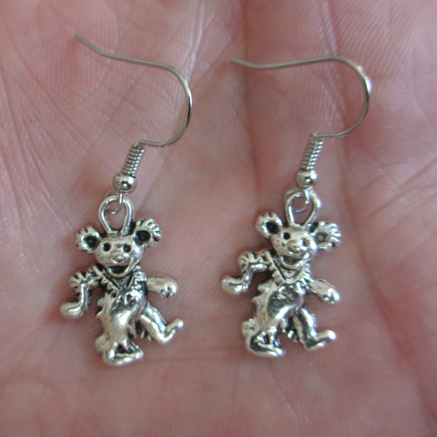 Dancing Bear Charm Minimalist Earrings - Silver tone Deadhead jewelry