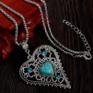 New blue heartstone pendant silver chain crystal vintage heart long necklaces women collier femme