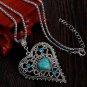 New blue heartstone pendant silver chain crystal vintage heart long necklaces women collier femme