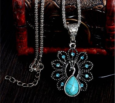 Elegant blue turquoise peacock necklaces natural stone austrian crystal pendant necklace vintage
