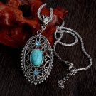 Women Elegant Flower Pendant Necklace Hollow Alloy Crystal Turquoise Long Necklace Sweater Chain