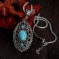 Women Elegant Flower Pendant Necklace Hollow Alloy Crystal Turquoise Long Necklace Sweater Chain