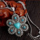 Antique Silver Pendant Necklace Crystal Turquoise Flower Necklace Sweater Chain