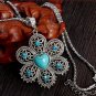 Antique Silver Pendant Necklace Crystal Turquoise Flower Necklace Sweater Chain