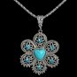 Antique Silver Pendant Necklace Crystal Turquoise Flower Necklace Sweater Chain