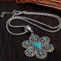 Antique Silver Pendant Necklace Crystal Turquoise Flower Necklace Sweater Chain