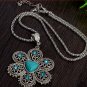 Antique Silver Pendant Necklace Crystal Turquoise Flower Necklace Sweater Chain