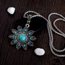 Vintage Style Hollow Crystal Flower Shaped Pendant Retro Turquoise Stone Necklace Beautiful