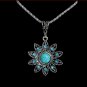 Vintage Style Hollow Crystal Flower Shaped Pendant Retro Turquoise Stone Necklace Beautiful