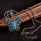 Silver Pendant Necklace Crystal Butterfly Turquoise Long Necklace Sweater Chain