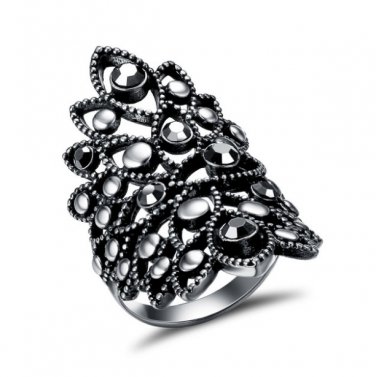 New Vintage Silver Color Hollow Out Wide Rings for Women Rhinestone