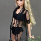 Black Sexy Pajamas Lingerie Nightwear Lace Long Coat Night Wear + Bra + Underwear Clothes