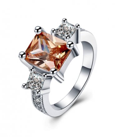 Silver Square Yellow Zircon Finger Ring Woman Fashion Jewelry