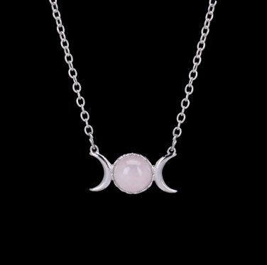 Crescent Moon&Sun Pendant Necklace Natural Stone Opal Silver Color (Pink Crystal)