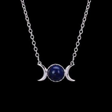 Crescent Moon&Sun Pendant Necklace Natural Stone Opal Silver Color (Lapis Lazuli)