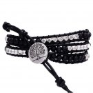 Natural Stone Leather Bracelet Elastic Quartz Crystal Friendship Bracelets (Black)