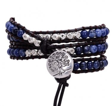 Natural Stone Leather Bracelet Elastic Quartz Crystal Friendship Bracelets (Blue)