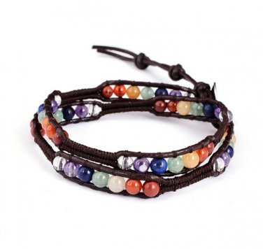 Natural Stone Leather Bracelet Elastic Quartz Crystal Friendship Bracelets (38cm Length)