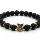Fashion Antique Gold Color Animal Owl Head Bracelet Men Beaded black Matte Stone S147